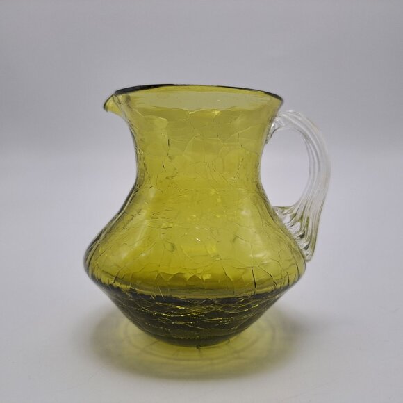 Pilgrim Green Crackle Glass Pitcher Clear Ribbed Applied Handle - Picture 1 of 9